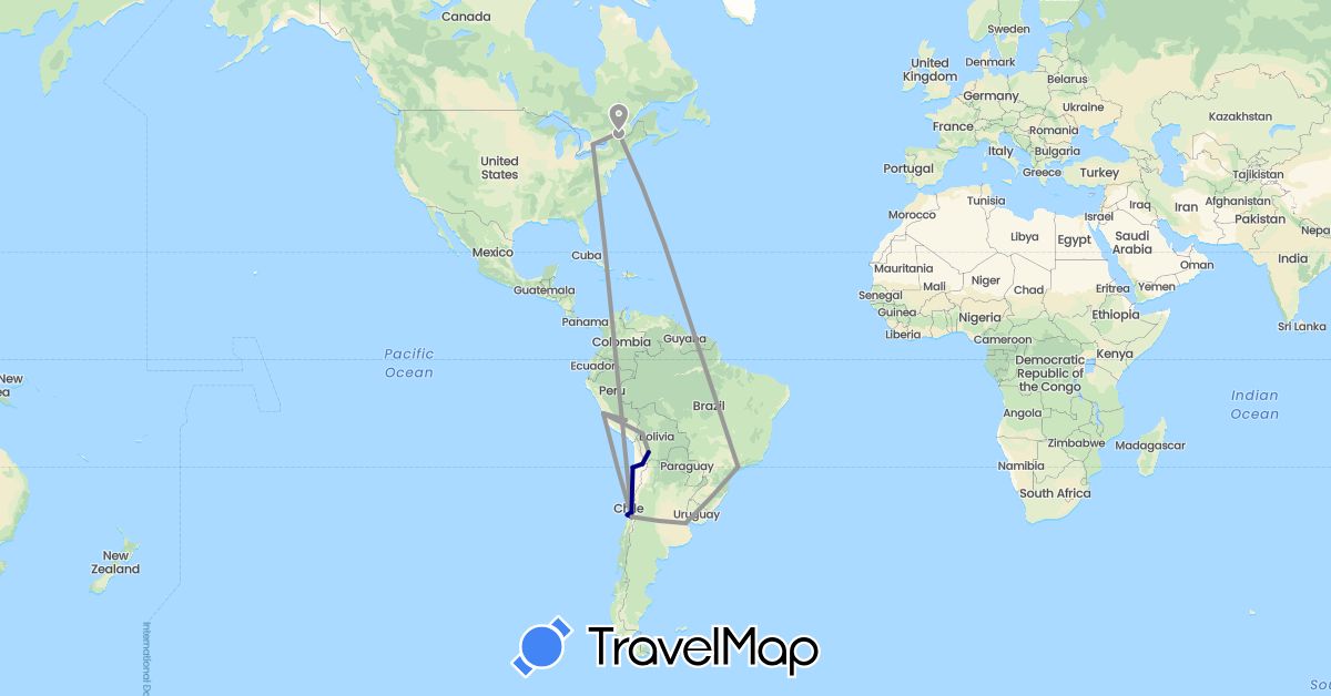 TravelMap itinerary: driving, plane in Argentina, Bolivia, Brazil, Canada, Chile, Peru (North America, South America)